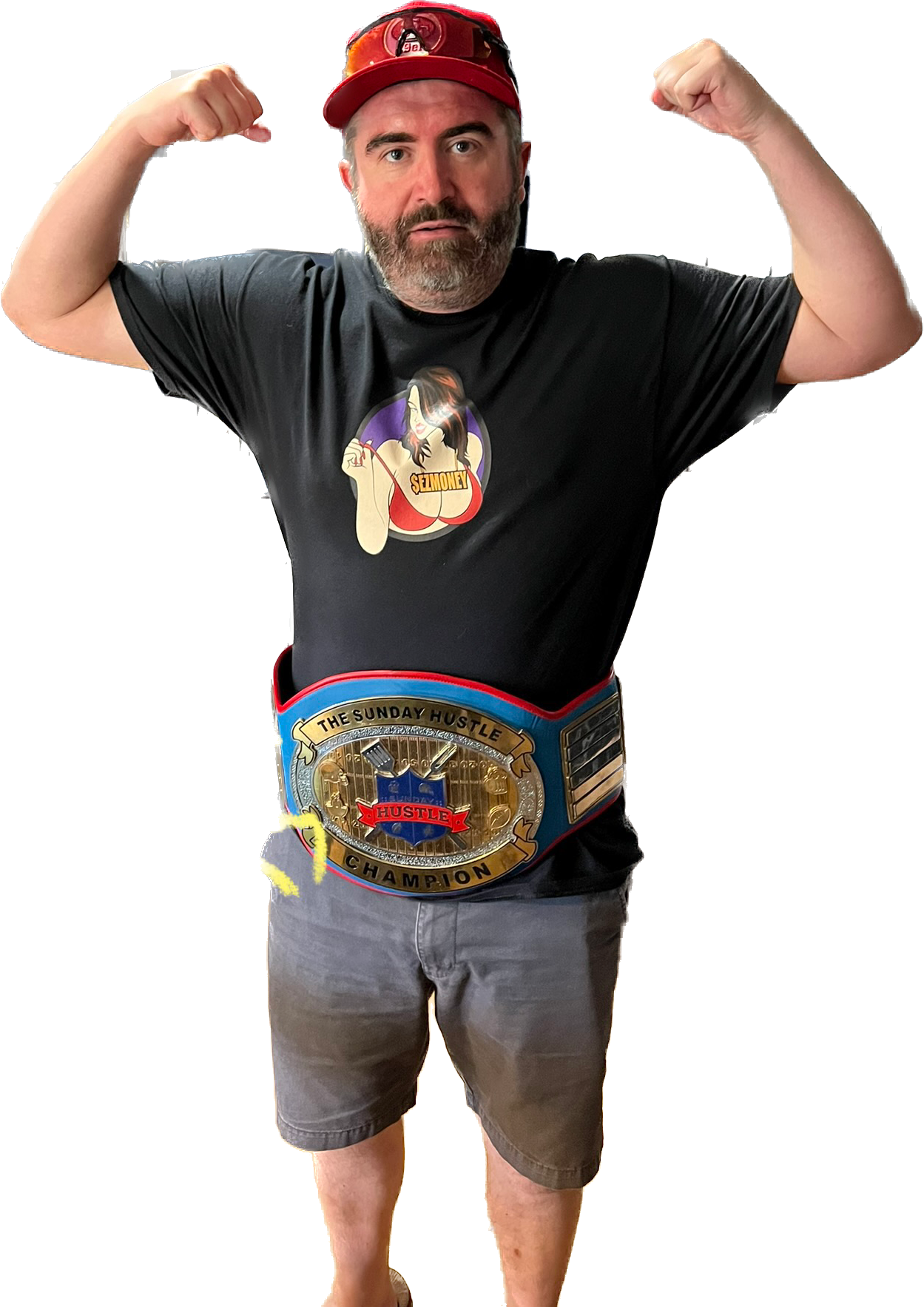 EZ Money owner flexing while wearing the Sunday Hu$tle championship belt